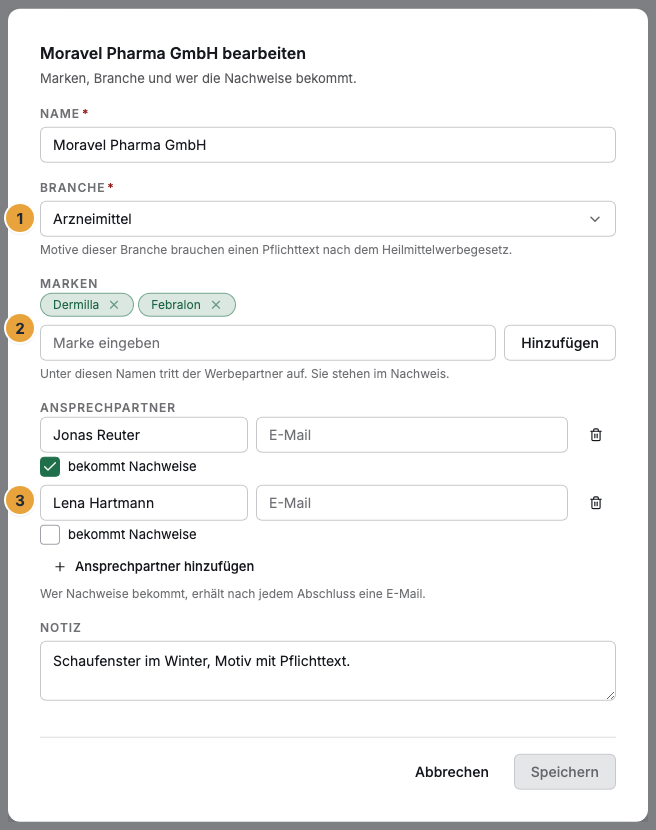 Der Dialog eines Werbepartners mit Name, Branche samt Hinweis zum Pflichttext (1), Marken (2) und zwei Ansprechpartnern, von denen einer Nachweise bekommt (3)
