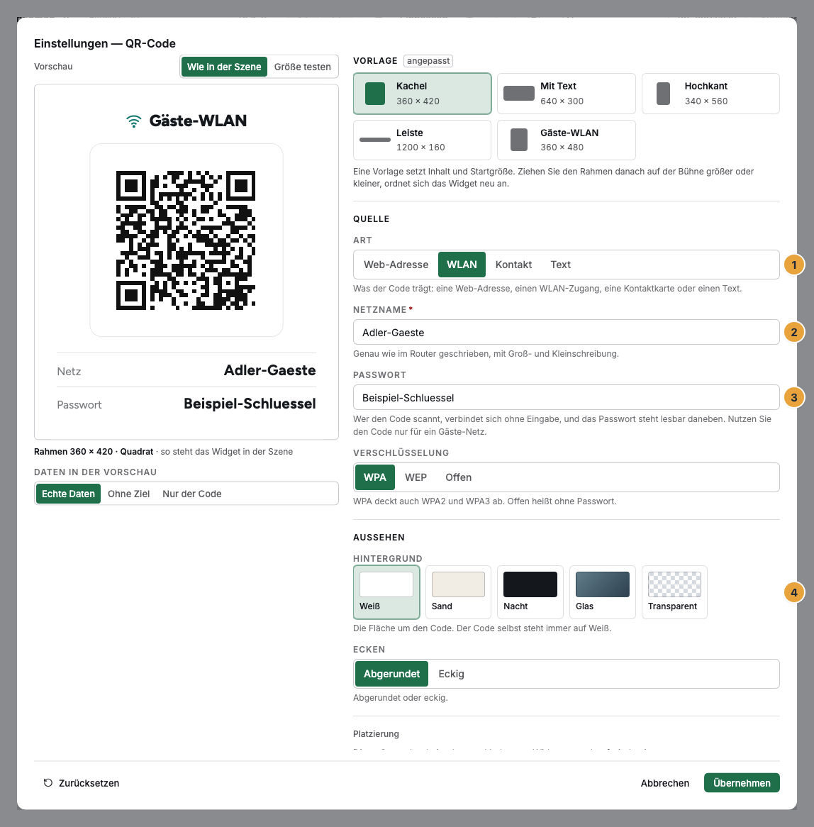 Das Einstellungs-Fenster eines QR-Codes im Szenen-Editor, Art WLAN: der Umschalter Art mit seinen vier Werten (1), das Feld Netzname (2), das Passwort (3) und im Abschnitt Aussehen der Hintergrund (4)