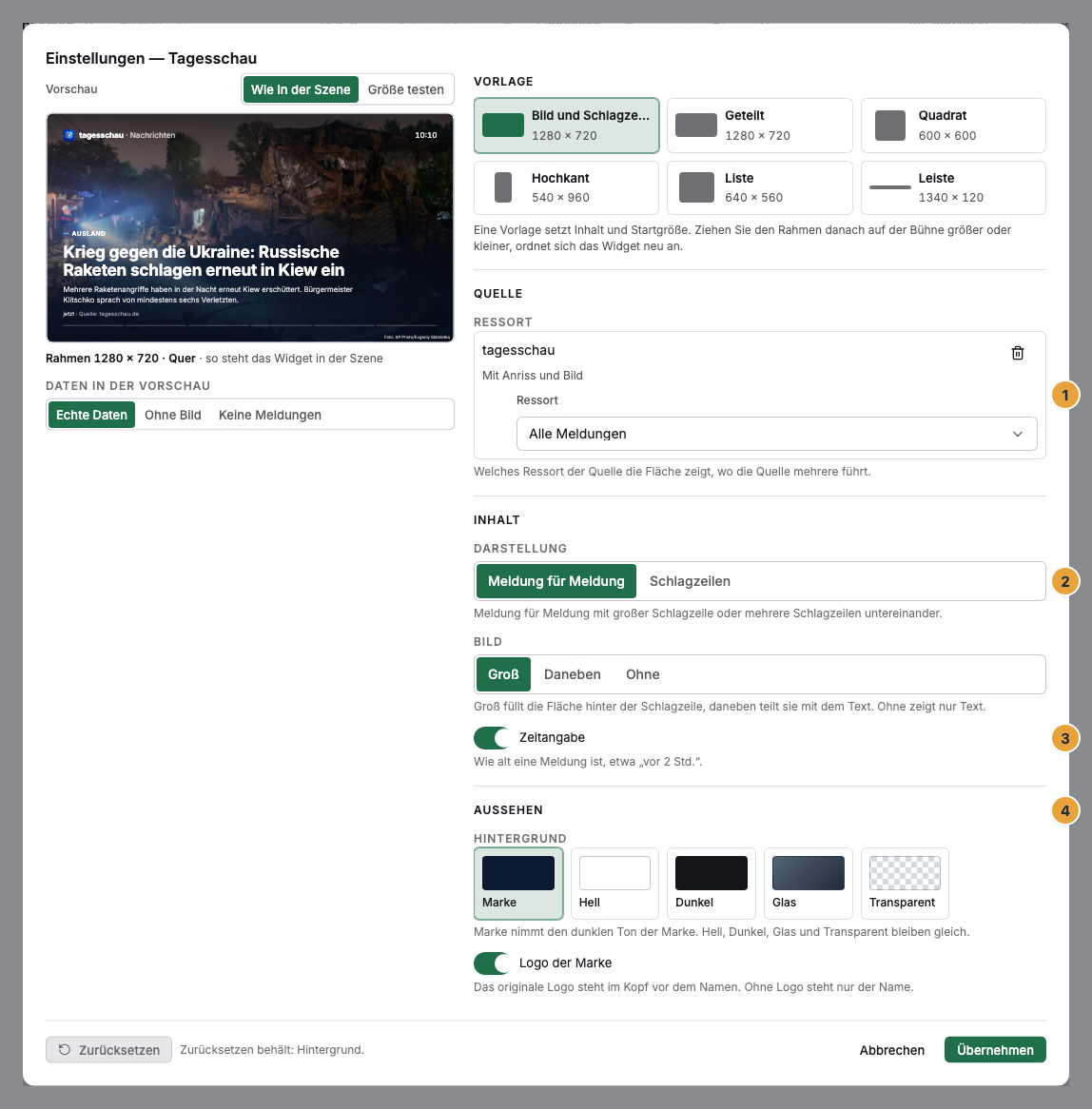 Das Einstellungs-Fenster eines Nachrichten-Widgets im Szenen-Editor: die Quelle mit dem Ressort (1), die Darstellung (2), die Zeitangabe (3) und der Abschnitt Aussehen (4)