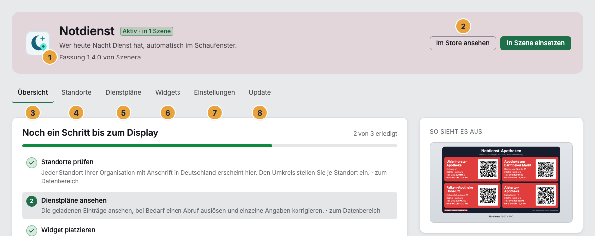 Die Seite der installierten App Notdienst: der Kopf mit Fassung und Herausgeber (1), der Weg Im Store ansehen (2) und die Reiterleiste mit Übersicht (3), den app-eigenen Bereichen Standorte (4) und Dienstpläne (5), Widgets (6), Einstellungen (7) und Update (8)