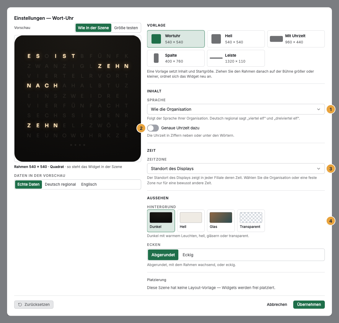 Das Einstellungs-Fenster einer Wort-Uhr im Szenen-Editor, links die Vorschau der Matrix: die Sprache (1), die genaue Uhrzeit (2), die Zeitzone (3) und der Hintergrund (4)