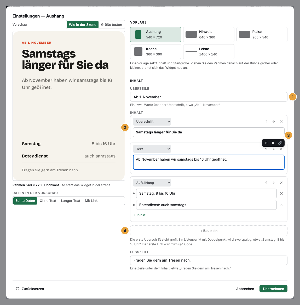 Der Baustein-Editor eines Aushangs im Einstellungs-Fenster des Szenen-Editors: das Feld Überzeile (1), eine Baustein-Karte mit dem Typ-Wechsler (2), die Formatleiste am fokussierten Feld (3) und die Schaltfläche + Baustein (4)