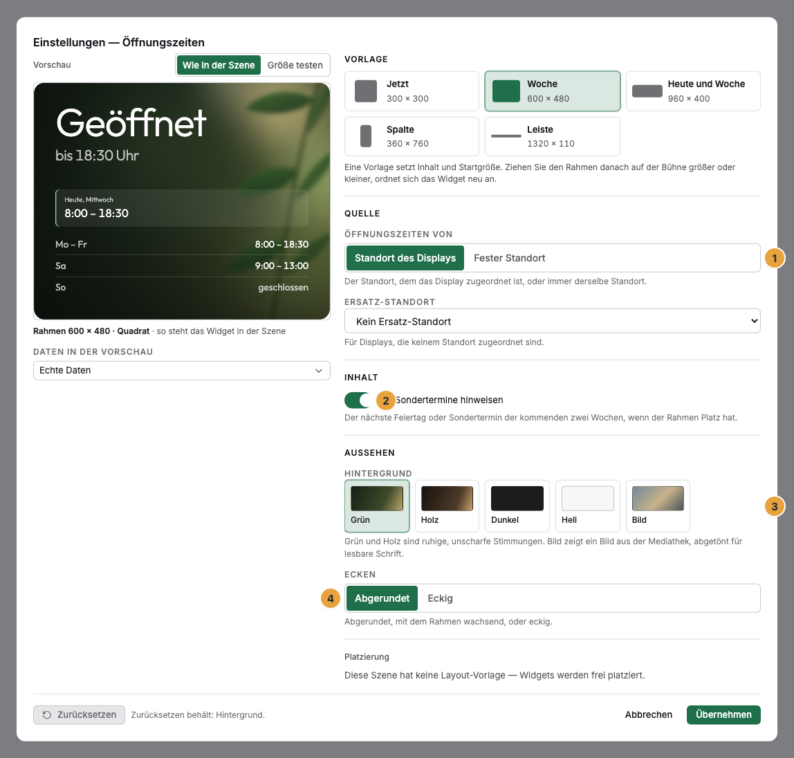 Das Einstellungs-Fenster eines Öffnungszeiten-Widgets im Szenen-Editor: Öffnungszeiten von (1), Auf Sondertermine hinweisen (2), Hintergrund (3) und Ecken (4)