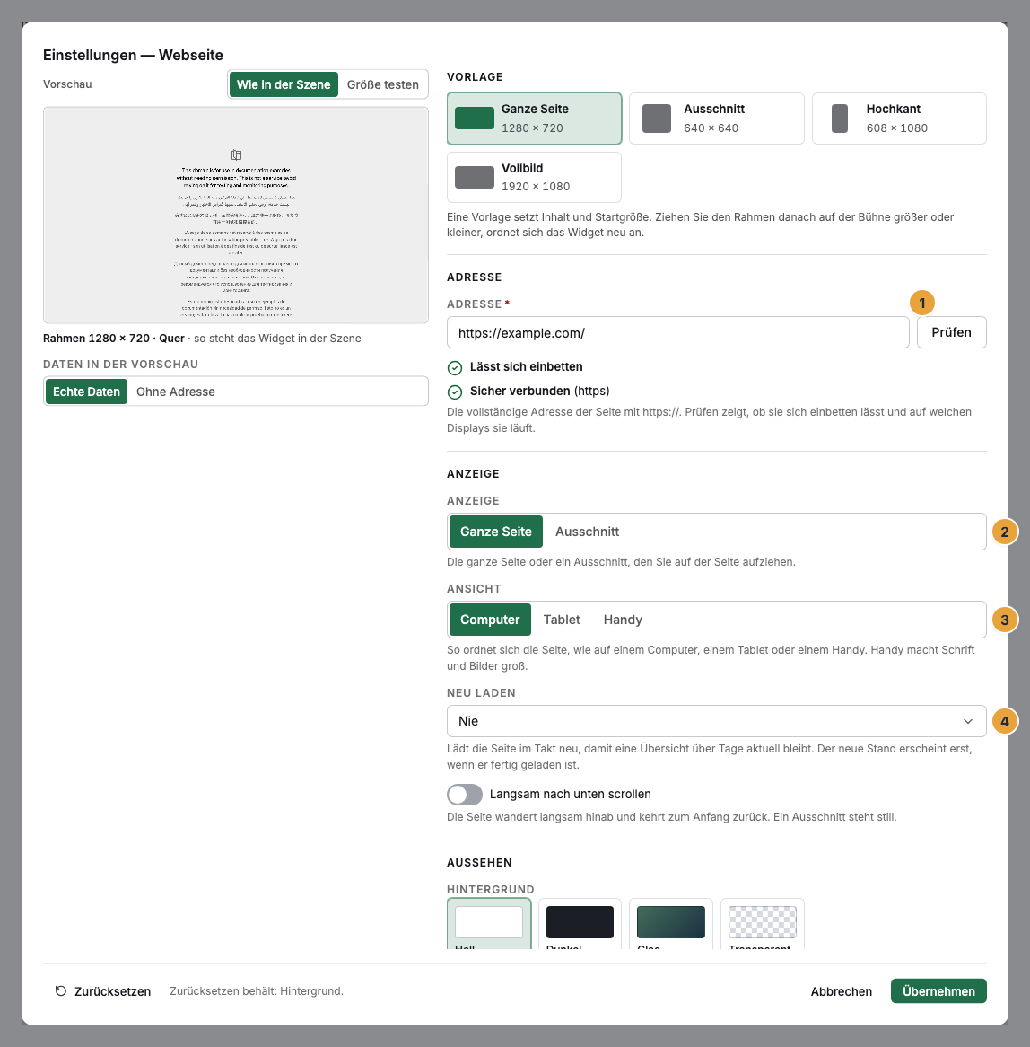 Das Einstellungs-Fenster einer Webseite im Szenen-Editor: die Adresse mit Prüfen (1), ganze Seite oder Ausschnitt (2), die Ansicht als Computer, Tablet oder Handy (3) und der Takt zum Neuladen (4)