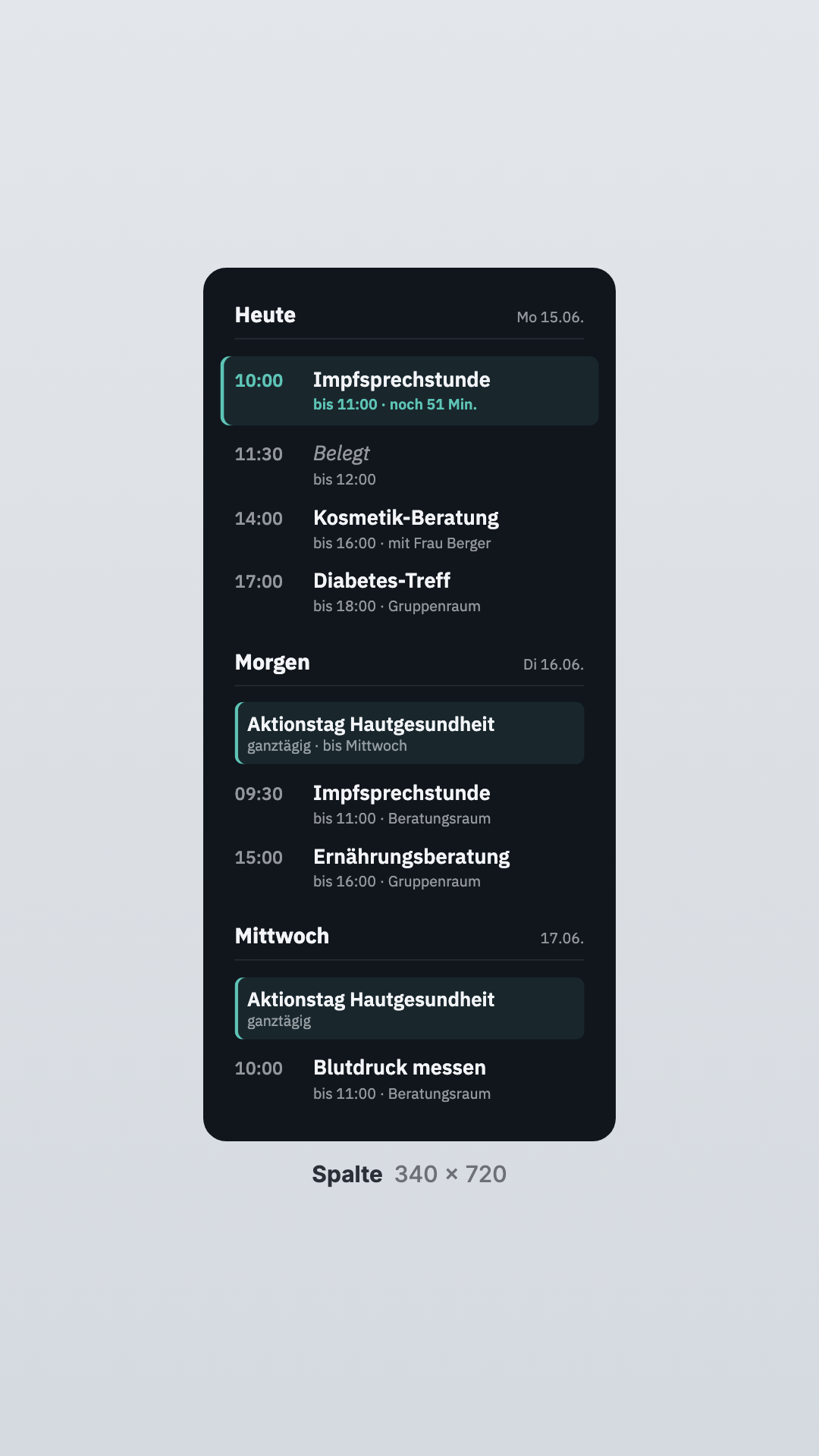 Kalender in der Ansicht Spalte
