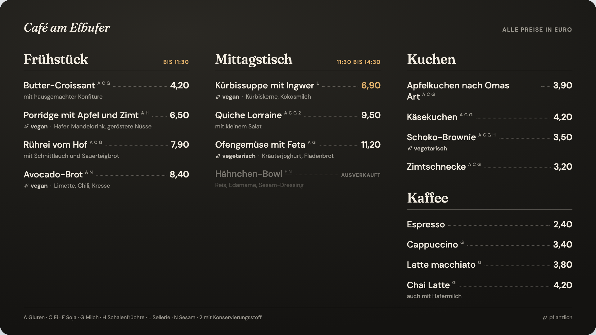 Menükarte in der Ansicht Tafel