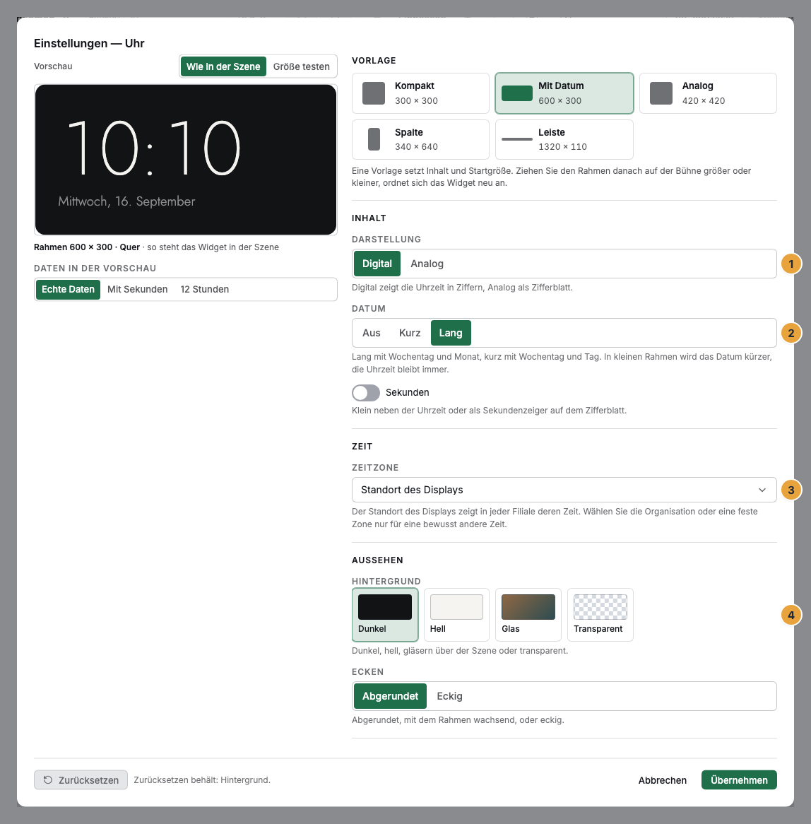 Das Einstellungs-Fenster einer Uhr im Szenen-Editor mit der Vorschau links: die Darstellung (1), das Datum (2), die Zeitzone (3) und der Hintergrund (4)