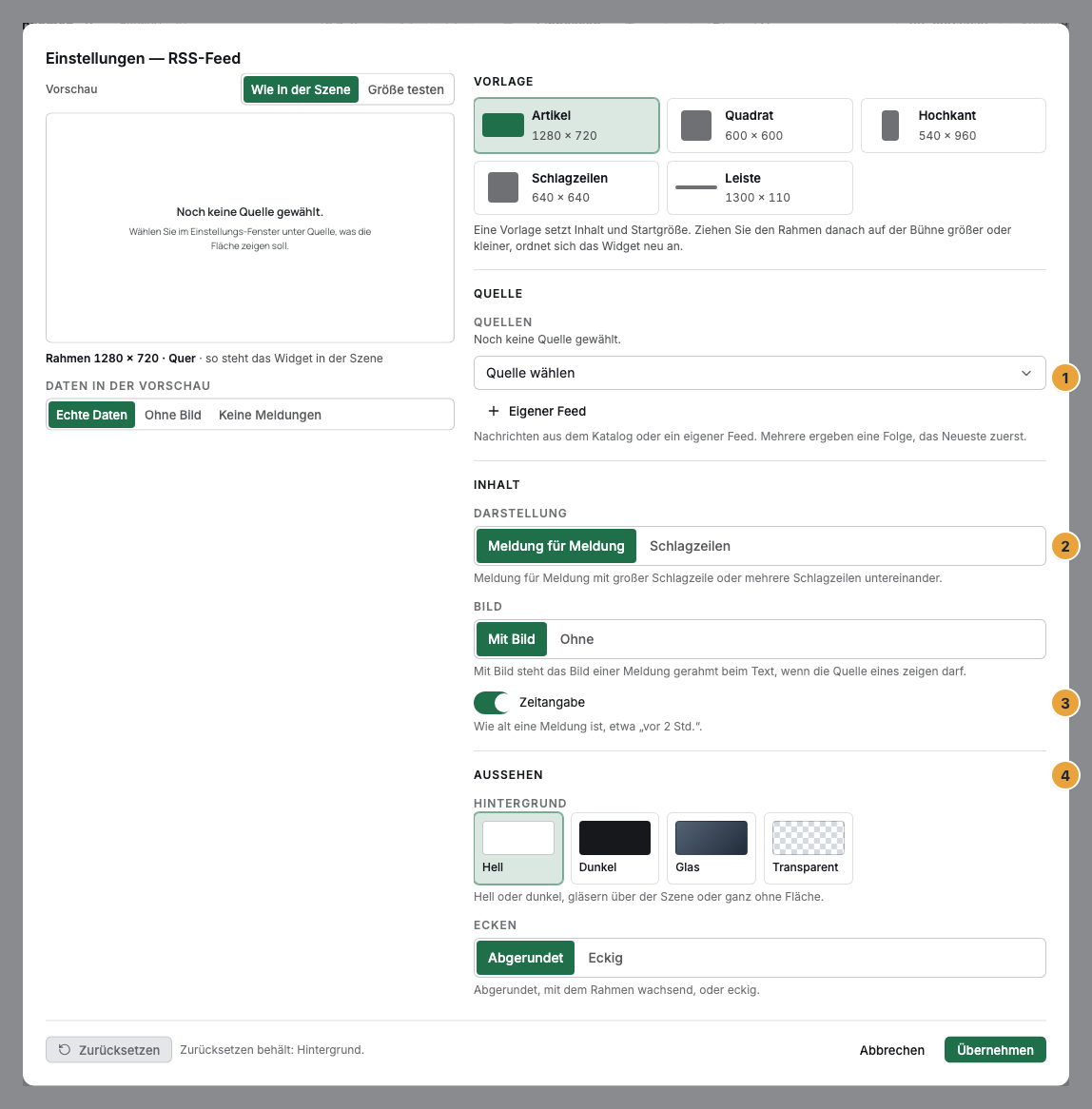 Das Einstellungs-Fenster eines RSS-Widgets im Szenen-Editor: die Quellen aus dem Katalog und der eigene Feed (1), die Darstellung (2), die Zeitangabe (3) und der Abschnitt Aussehen (4)
