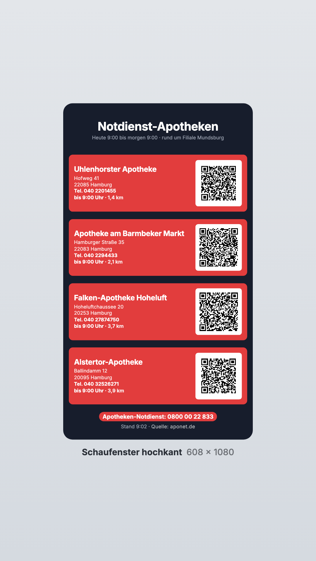 Notdienst in der Ansicht Schaufenster hochkant