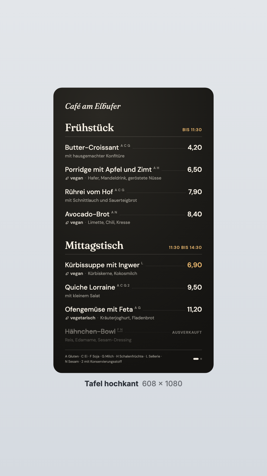 Menükarte in der Ansicht Tafel hochkant
