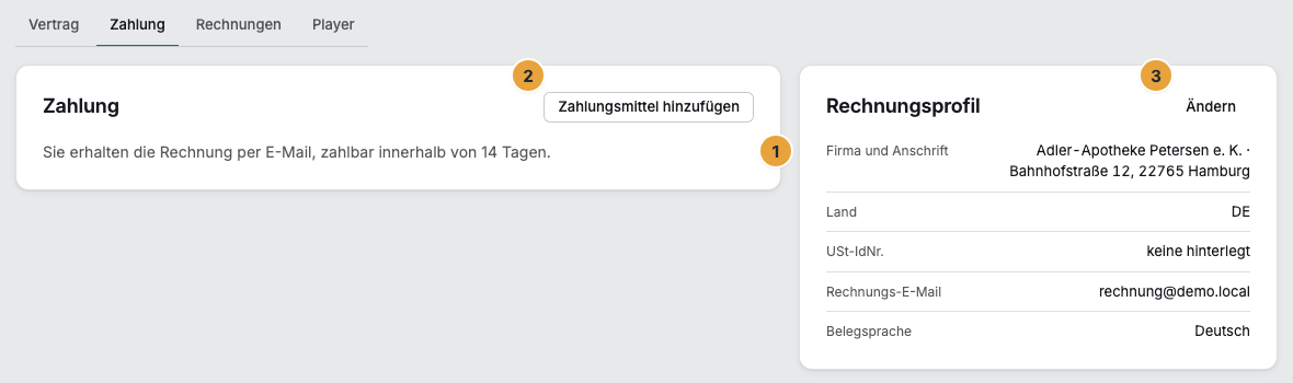 Der Reiter Zahlung mit dem Satz, wie gezahlt wird (1), der Schaltfläche Zahlungsmittel hinzufügen (2) und rechts dem Rechnungsprofil mit Firma und Anschrift, Land, USt-IdNr., Rechnungs-E-Mail und Belegsprache samt der Schaltfläche Ändern (3)