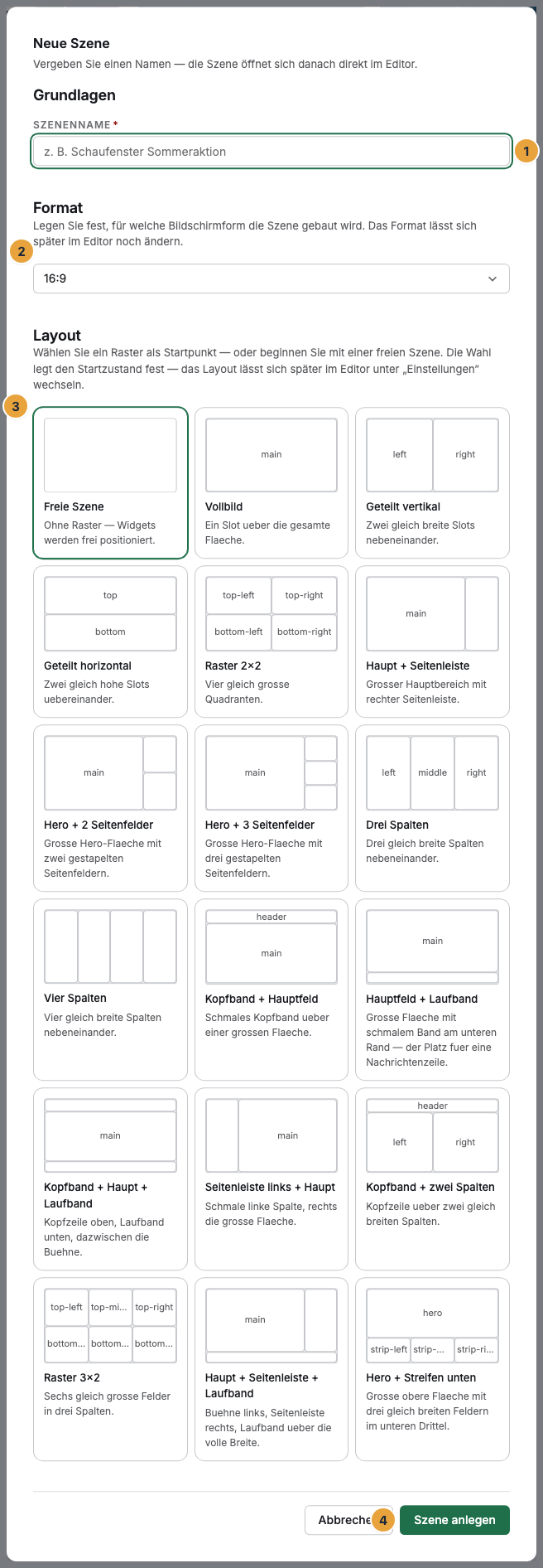 Der Dialog Neue Szene mit seinen drei Abschnitten: Grundlagen mit dem Feld Szenenname (1), Format mit der Auswahl des Seitenverhältnisses (2), Layout mit den Raster-Karten und der Karte Freie Szene (3) und der Schaltfläche Szene anlegen (4)