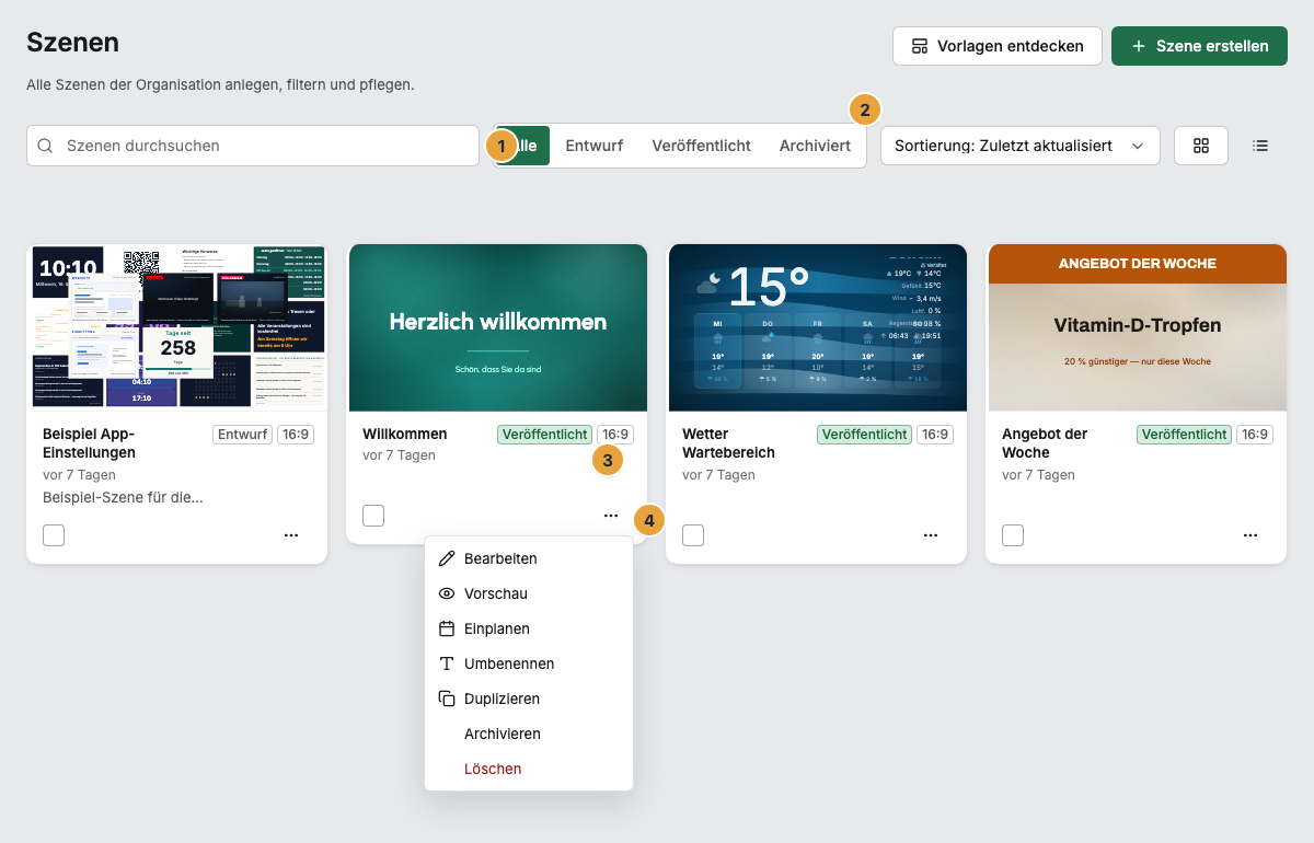 Die Szenen-Liste mit dem Suchfeld und dem Status-Filter (1), Sortierung und Ansicht (2), der Status-Marke Veröffentlicht auf einer Kachel (3) und dem geöffneten Kartenmenü mit Vorschau, Bearbeiten, Einplanen, Umbenennen, Duplizieren, Archivieren und Löschen (4)
