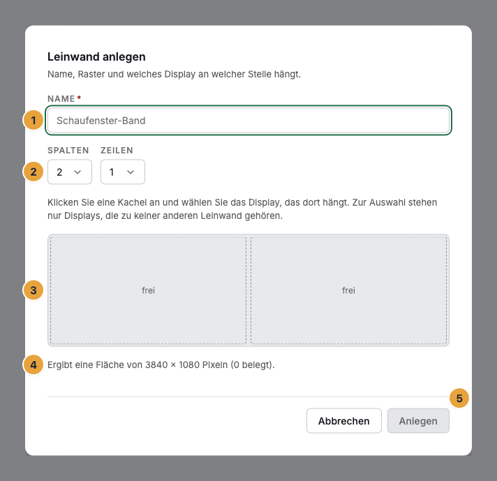 Der Dialog Leinwand anlegen mit dem Raster 2 × 1: das Feld Name mit dem Platzhalter Schaufenster-Band (1), die Felder Spalten und Zeilen (2), das Kachelraster mit den noch freien Kacheln (3), die Zeile Ergibt eine Fläche von … Pixeln (4) und die Schaltfläche Anlegen (5)