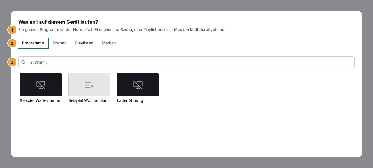 Der Dialog Was soll auf diesem Gerät laufen? mit dem Erklärsatz über den Reitern (1), den vier Reitern Programme, Szenen, Playlisten und Medien (2) und dem Suchfeld über der Liste der Programme (3)