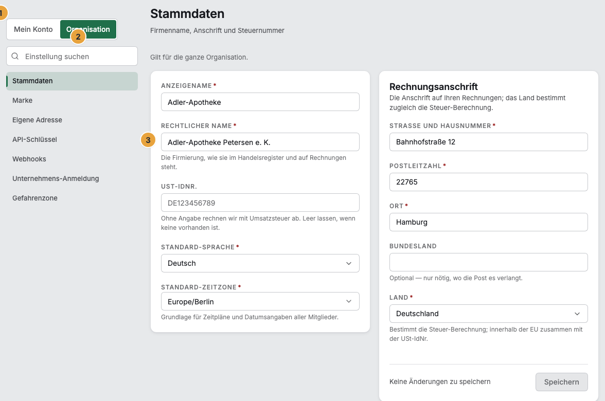 Die Einstellungen im Register Organisation: oben die beiden Register „Mein Konto“ und „Organisation“ (1), darunter das Suchfeld „Einstellung suchen“ (2) und die Liste der Bereiche mit dem gewählten Eintrag rechts daneben — hier die Zeile „API-Schlüssel“ (3)