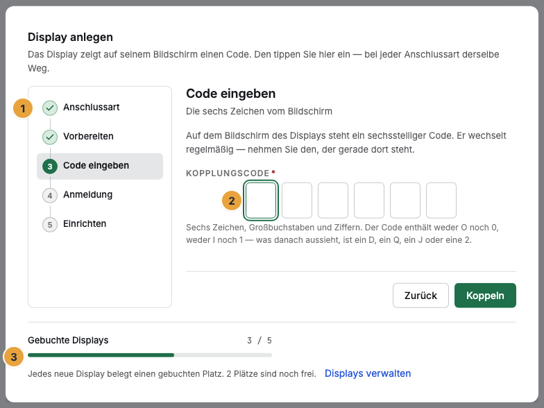 Der Dialog „Display anlegen“ im Schritt Code eingeben: links die Schrittleiste mit Anschlussart, Vorbereiten, Code eingeben, Anmeldung und Einrichten (1), rechts die sechs Felder für den Kopplungscode (2) und darunter die Zeile „Gebuchte Displays“ mit den freien Plätzen (3)