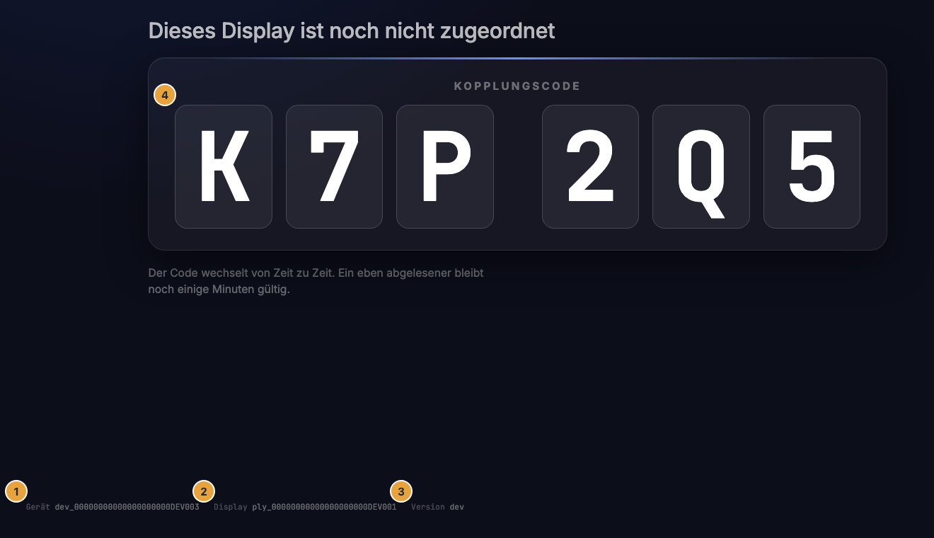 Der Kopplungs-Bildschirm eines Geräts mit der Fußzeile für den Support: Gerät mit der Geräte-Kennung (1), Display mit der Display-Kennung (2), Version der Anzeige (3) und darüber der Kopplungscode (4)