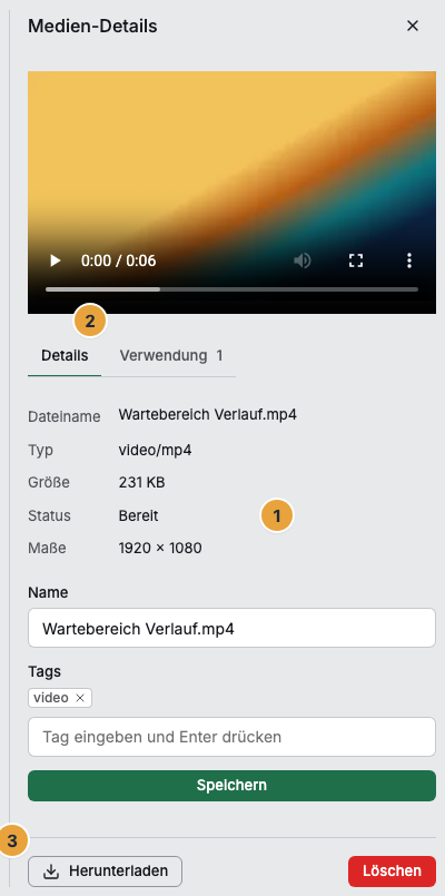 Die Medien-Details eines Videos mit dem Verarbeitungs-Status (1), dem Reiter Verwendung samt Zahl der Fundstellen (2) und der Schaltfläche Herunterladen im Fuß (3)