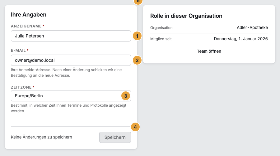 Die Seite Profil unter Mein Konto mit dem Anzeigenamen (1), der E-Mail-Adresse samt Hinweis auf die Bestätigung (2), der suchbaren Zeitzone (3), der Schaltfläche Speichern (4) und der Karte Rolle in dieser Organisation (5)