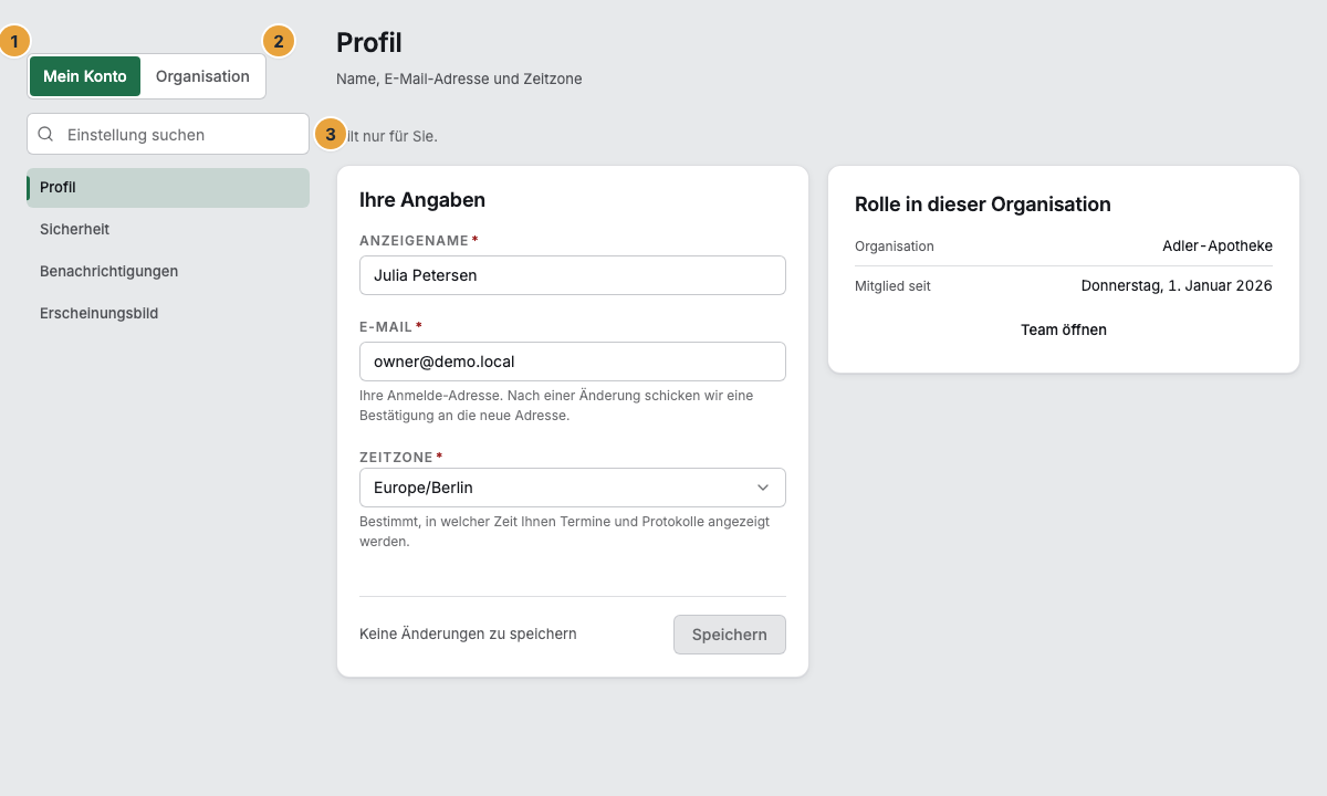 Die Einstellungen mit dem Register Mein Konto (1) und dem Register Organisation (2), dem Feld Einstellung suchen (3) und der Liste der Bereiche darunter