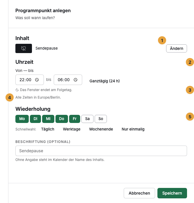 Der Dialog Programmpunkt anlegen mit der Frage „Was soll wann laufen?“: der Abschnitt Inhalt mit der Schaltfläche Ändern (1), der Abschnitt Uhrzeit mit Von — bis und Ganztägig (24 h) (2), der Hinweis mit Mond-Zeichen „Das Fenster endet am Folgetag.“ (3), die Fußnote mit der Zeitzone (4) und der Abschnitt Wiederholung mit Tages-Schaltern und Schnellwahl (5)