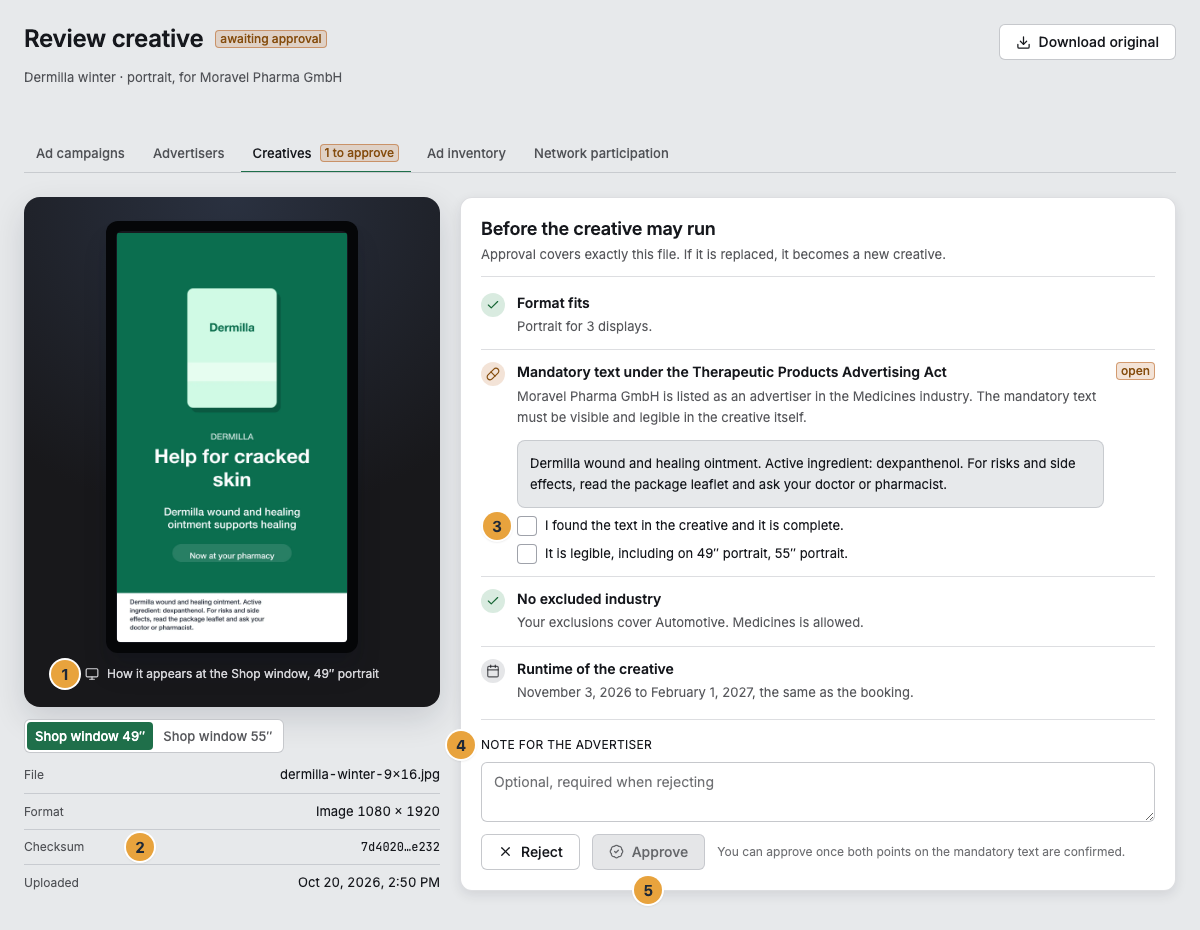 The Review creative page for the creative Dermilla with the preview in the format of a display (1), the checksum of the file (2), the mandatory text under the Therapeutic Products Advertising Act with the two confirmations (3), the note for the advertiser (4), and Approve (5)