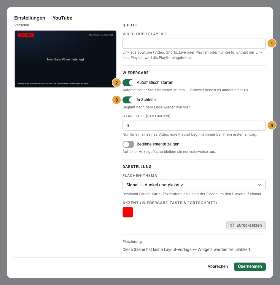 Das Einstellungs-Fenster eines YouTube-Widgets im Szenen-Editor: die noch leere Quelle Video oder Playlist mit ihrem Hilfetext (1), der Schalter Automatisch starten (2), der Schalter In Schleife (3) und die Startzeit in Sekunden (4)