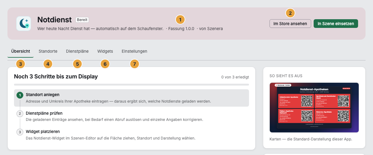 Die Seite der installierten App Notdienst: der Kopf mit Fassung und Herausgeber (1), der Weg Im Store ansehen (2) und die Reiterleiste mit Übersicht (3), den app-eigenen Bereichen Standorte (4) und Dienstpläne (5), Widgets (6) und Einstellungen (7)