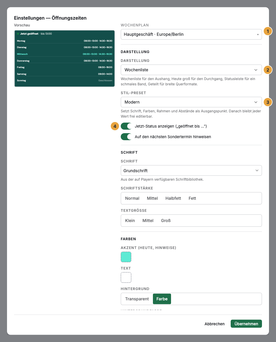 Das Einstellungs-Fenster eines Öffnungszeiten-Widgets im Szenen-Editor: der Block Wochenplan mit dem gewählten Plan (1), die Darstellung (2), das Stil-Preset (3) und der Schalter Jetzt-Status anzeigen (4)