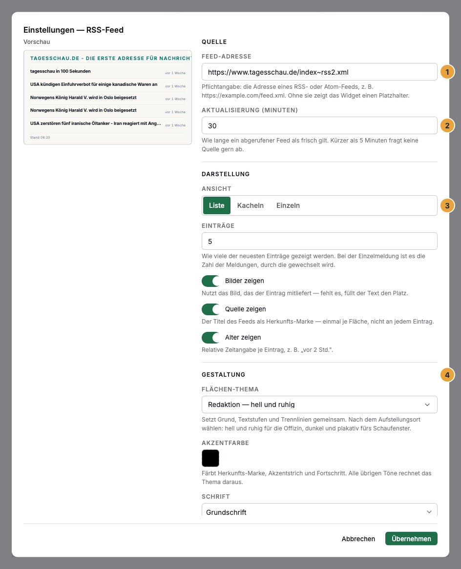 Das Einstellungs-Fenster eines RSS-Widgets im Szenen-Editor: die Feed-Adresse mit ihrem Hilfetext (1), die Aktualisierung in Minuten (2), die Ansicht (3) und der Abschnitt Gestaltung (4)