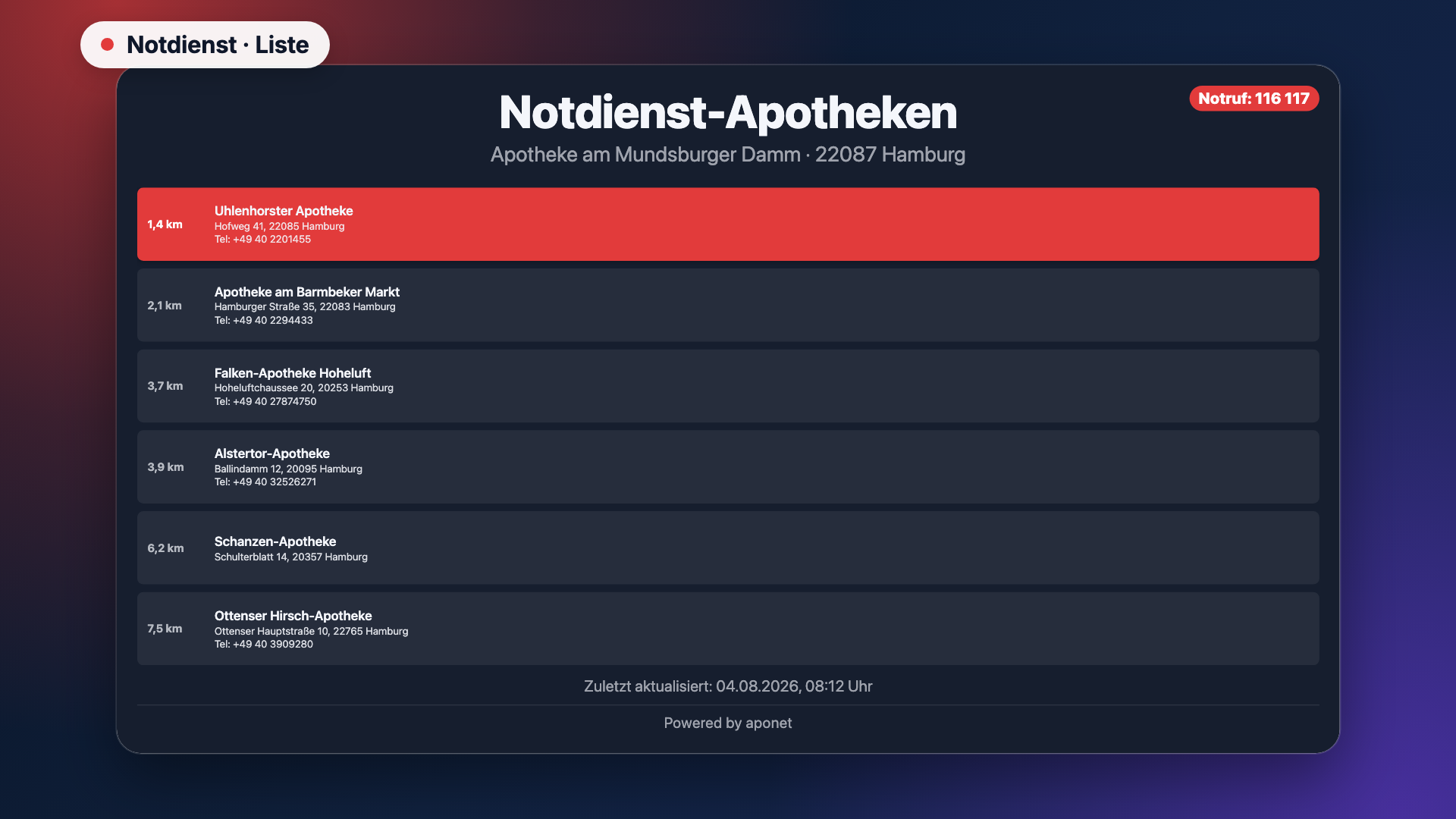 Notdienst in der Ansicht Liste