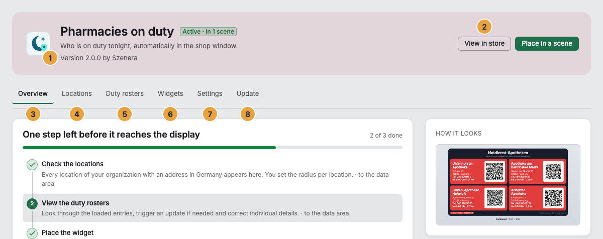 The page of the installed app Pharmacies on duty: the header with version and publisher (1), the View in store path (2), and the tab bar with Overview (3), the app’s own areas Locations (4) and Duty rosters (5), Widgets (6), Settings (7), and Update (8)