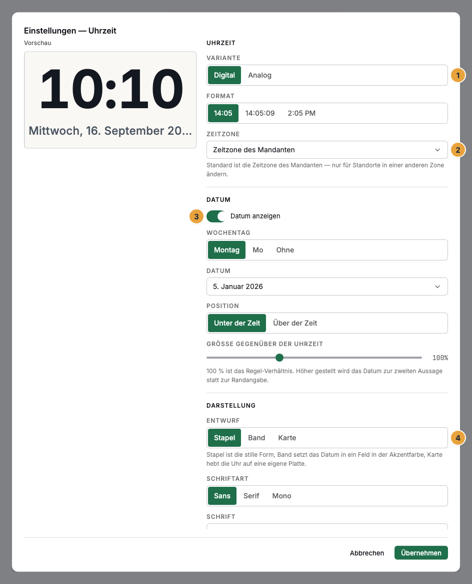 Das Einstellungs-Fenster einer Uhr im Szenen-Editor mit der Vorschau links: die Variante (1), die Zeitzone (2), der Schalter Datum anzeigen (3) und der Entwurf (4)