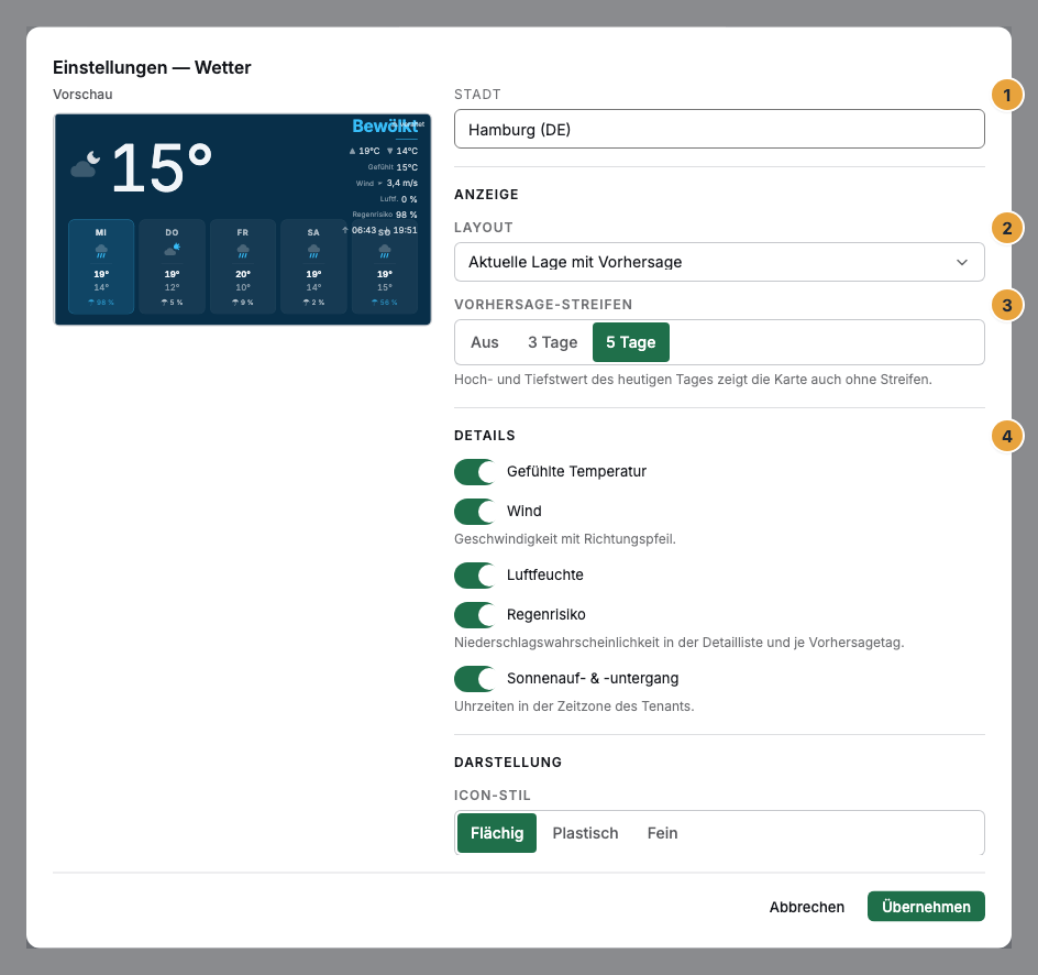 Das Einstellungs-Fenster eines Wetter-Widgets im Szenen-Editor: das Feld Stadt (1), die Auswahl Layout (2), der Vorhersage-Streifen (3) und der Abschnitt Details (4)