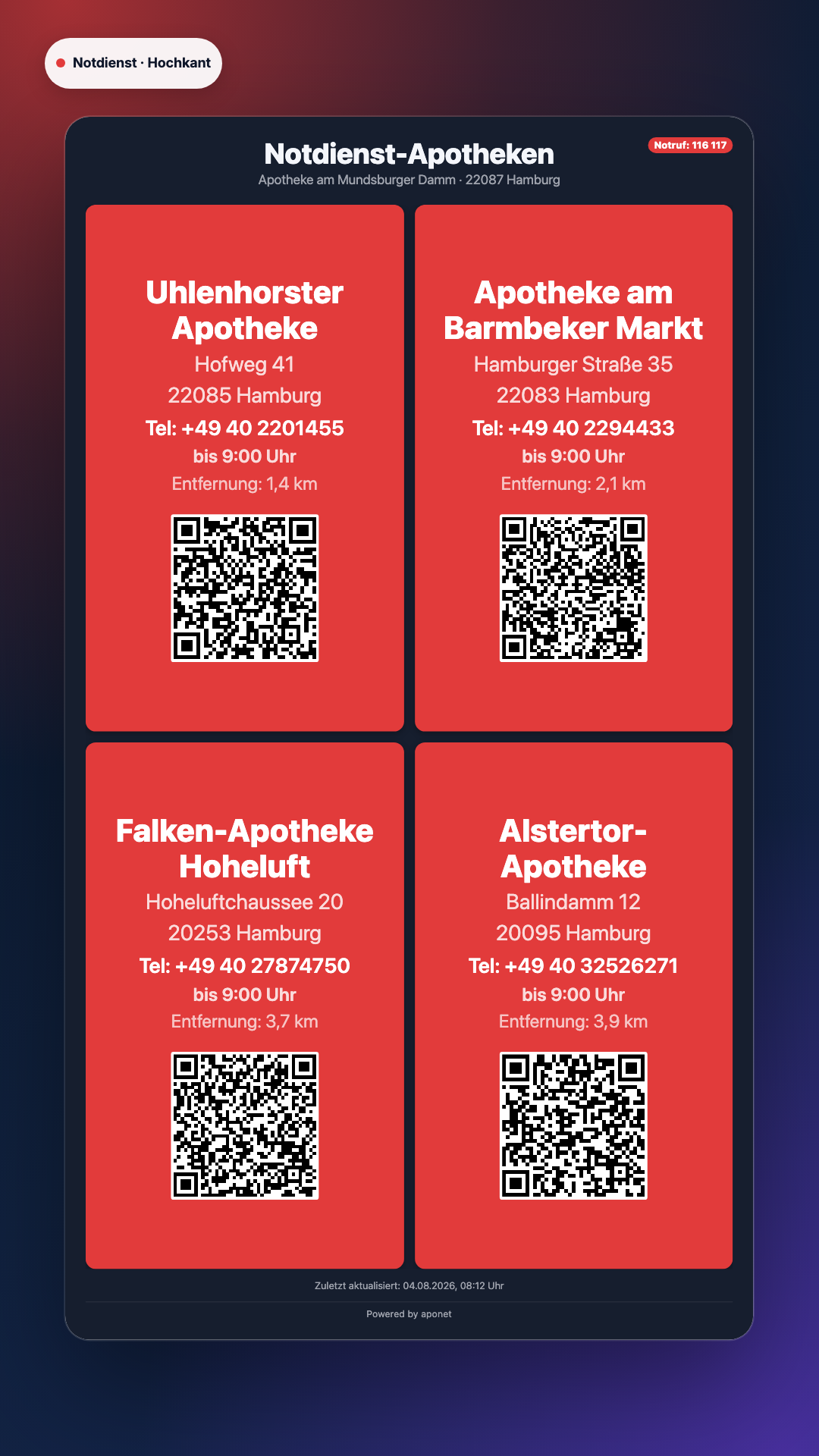Notdienst in der Ansicht Hochkant