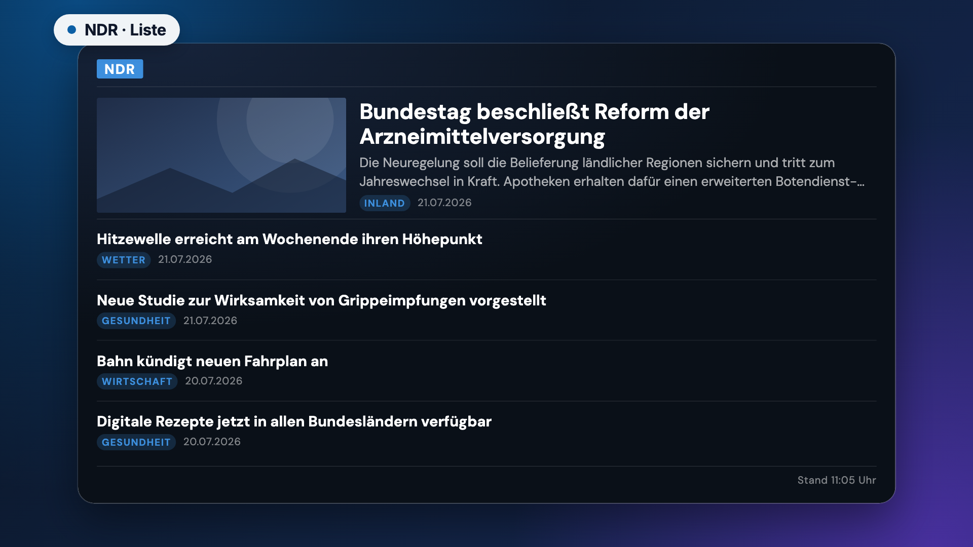 NDR in der Ansicht Liste