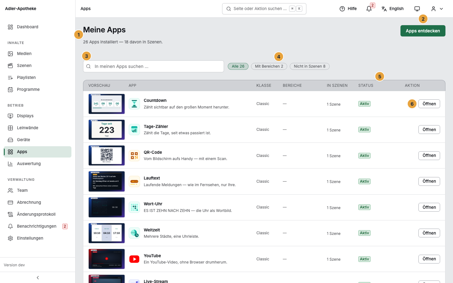 Die Fläche Meine Apps: der Zahlensatz unter dem Titel (1), die Schaltfläche Apps entdecken (2), das Suchfeld (3), die Filterreihe (4), die Spalte Status (5) und die Aktion am Ende einer Zeile (6)