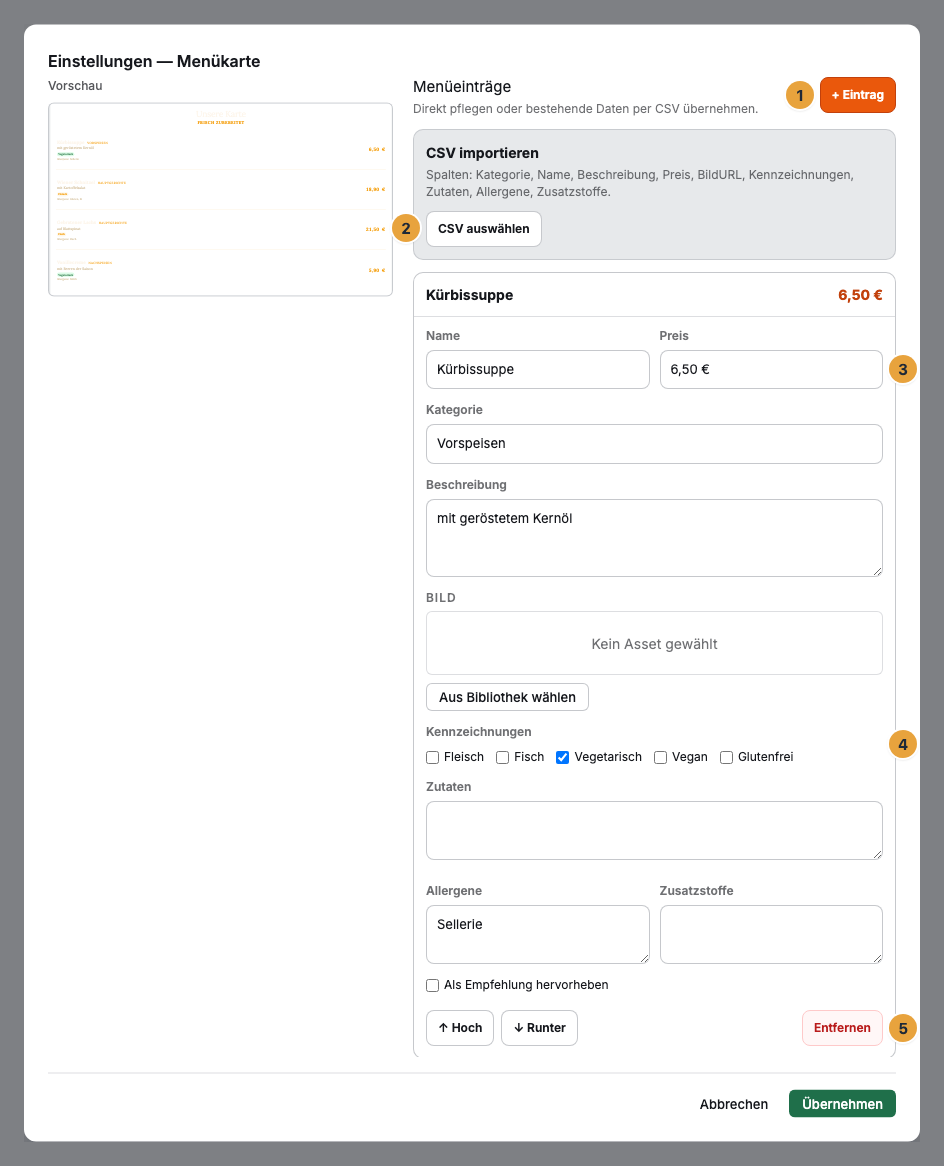 Der Block Menüeinträge im Einstellungs-Fenster einer Menükarte: die Schaltfläche + Eintrag (1), der Kasten CSV importieren mit CSV auswählen (2), Name und Preis des aufgeklappten Eintrags (3), seine Kennzeichnungen (4) und die Reihe Hoch, Runter, Entfernen (5)