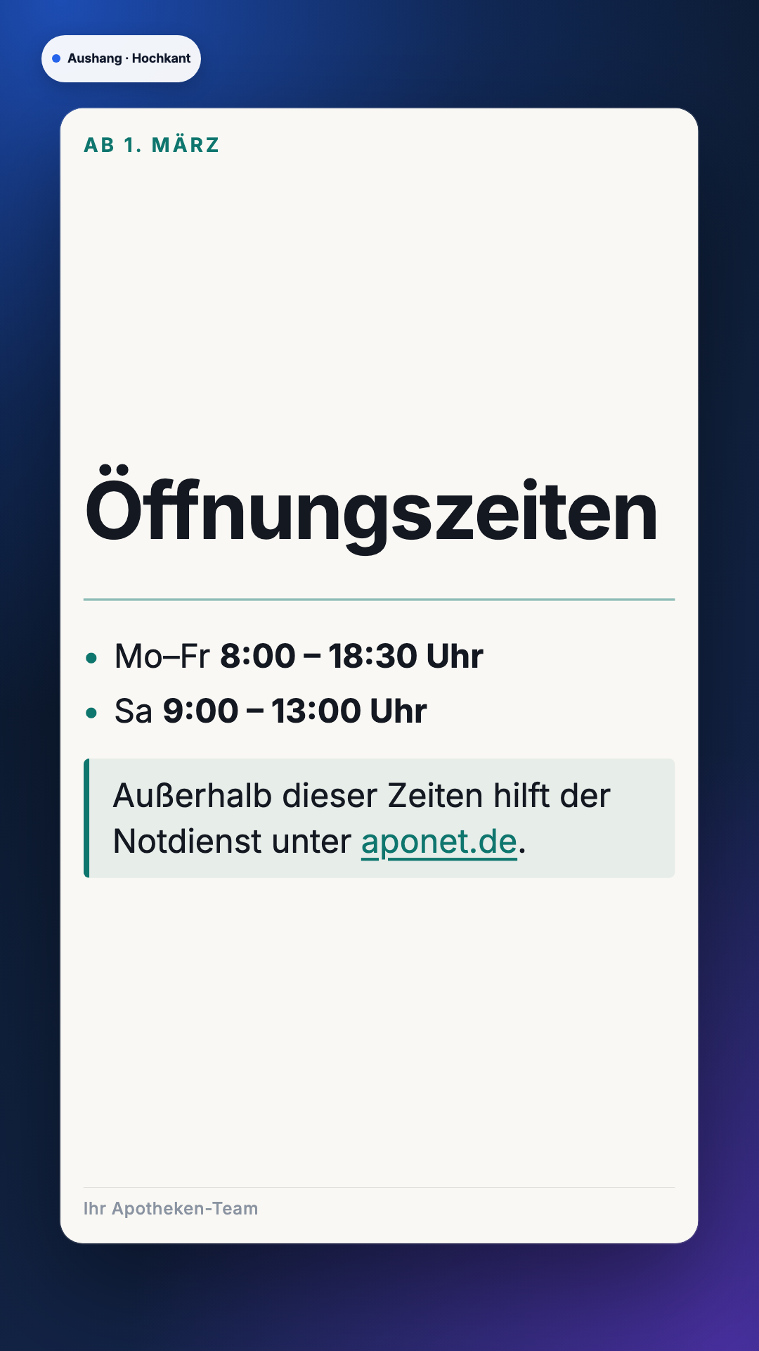 Aushang in der Ansicht Hochkant