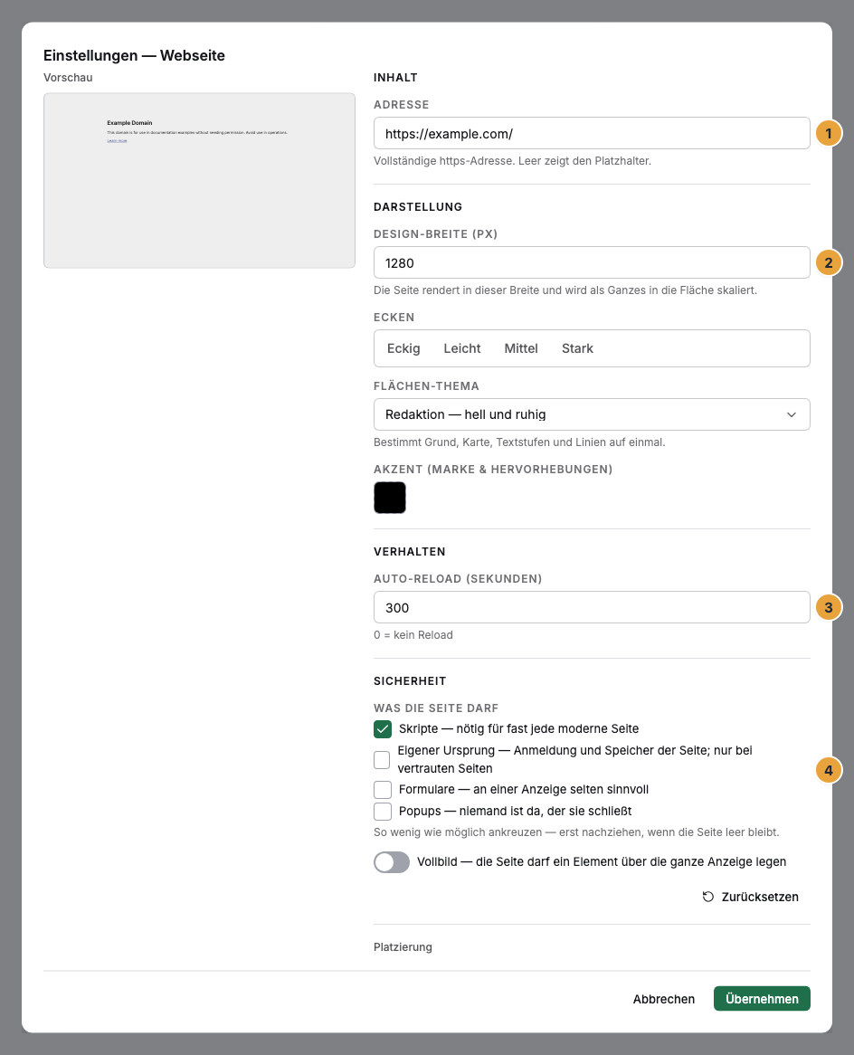 Das Einstellungs-Fenster einer Webseite im Szenen-Editor: die Adresse (1), die Design-Breite in Bildpunkten (2), der Auto-Reload in Sekunden (3) und die Gruppe Sicherheit mit ihren Freigaben (4)