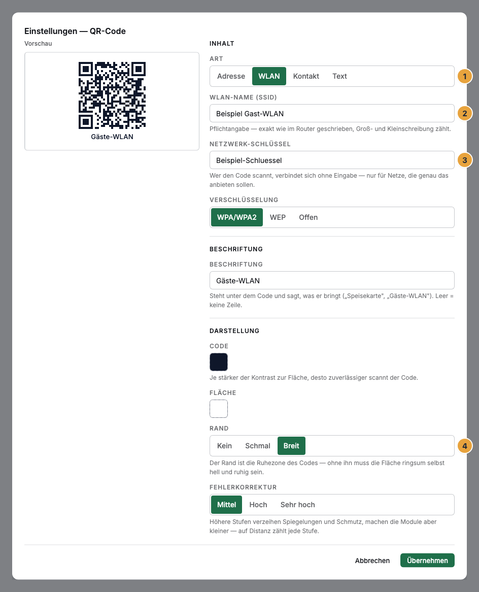 Das Einstellungs-Fenster eines QR-Codes im Szenen-Editor, Art WLAN: der Umschalter Art mit seinen vier Werten (1), das Feld WLAN-Name (SSID) (2), der Netzwerk-Schlüssel (3) und im Abschnitt Darstellung der Rand samt Fehlerkorrektur (4)