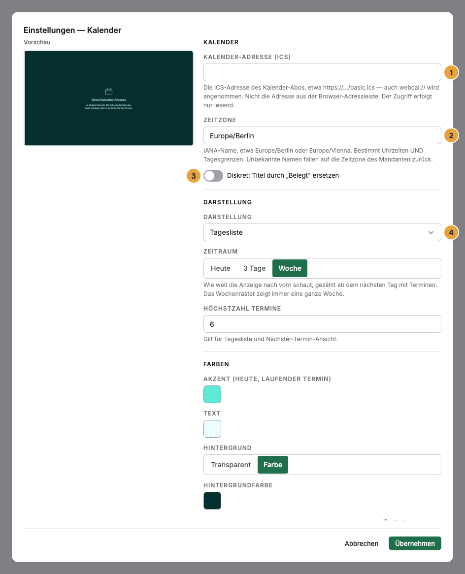 Das Einstellungs-Fenster eines Kalender-Widgets im Szenen-Editor: die noch leere Kalender-Adresse (ICS) mit ihrem Hilfetext (1), die Zeitzone (2), der Schalter Diskret (3) sowie Darstellung und Zeitraum (4)