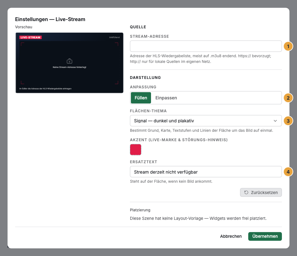 Das Einstellungs-Fenster eines Live-Streams im Szenen-Editor: die noch leere Stream-Adresse mit ihrem Hilfetext (1), die Anpassung Füllen oder Einpassen (2), das Flächen-Thema (3) und der Ersatztext (4)