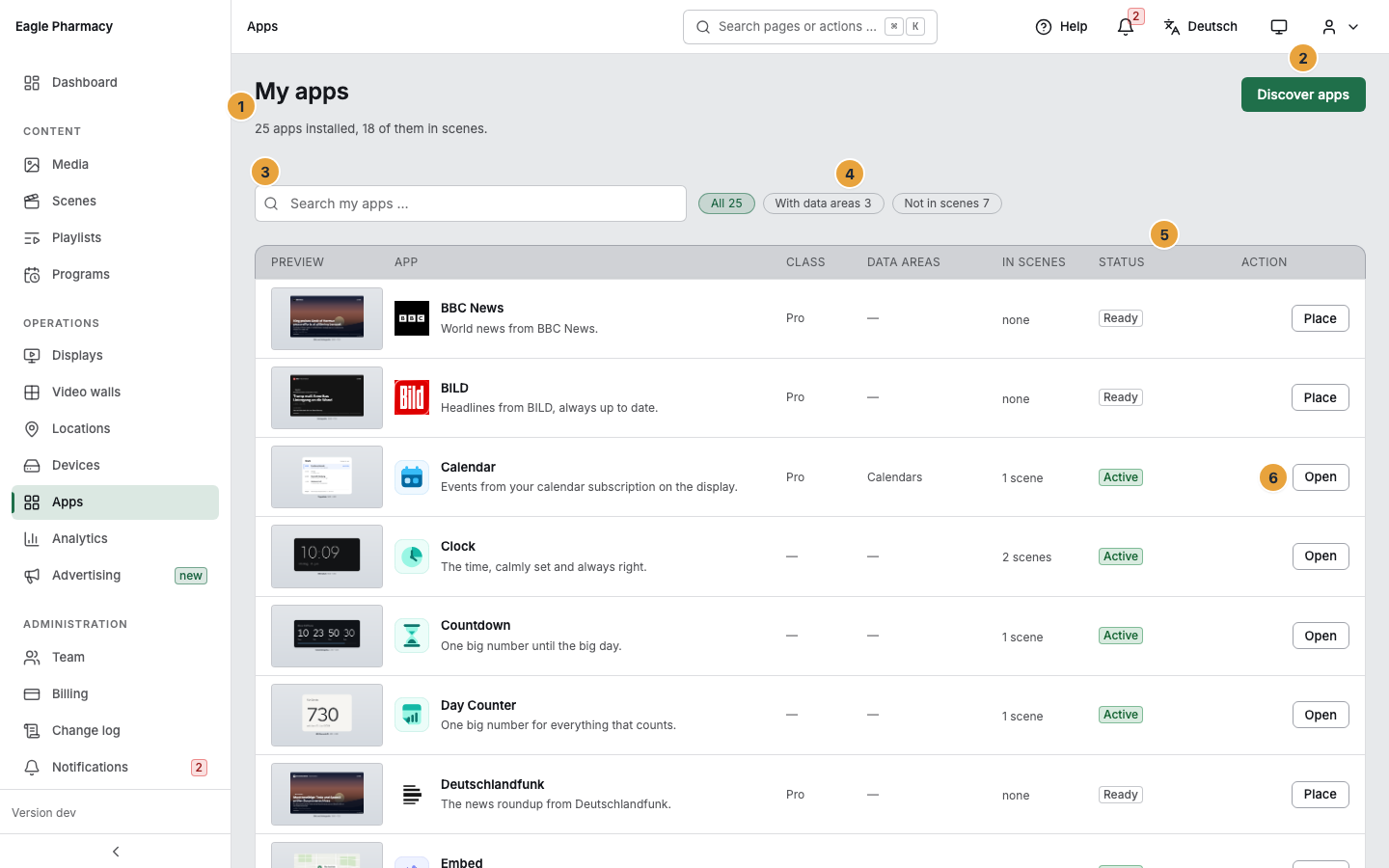 The My apps page: the sentence with the numbers below the title (1), the Discover apps button (2), the search field (3), the filter row (4), the Status column (5), and the action at the end of a row (6)
