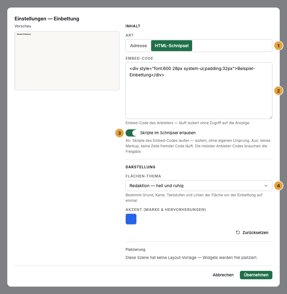 Das Einstellungs-Fenster einer Einbettung im Szenen-Editor mit der Art HTML-Schnipsel: der Umschalter Art mit seinen beiden Möglichkeiten (1), das Feld Embed-Code (2), der Schalter Skripte im Schnipsel erlauben (3) und das Flächen-Thema (4)