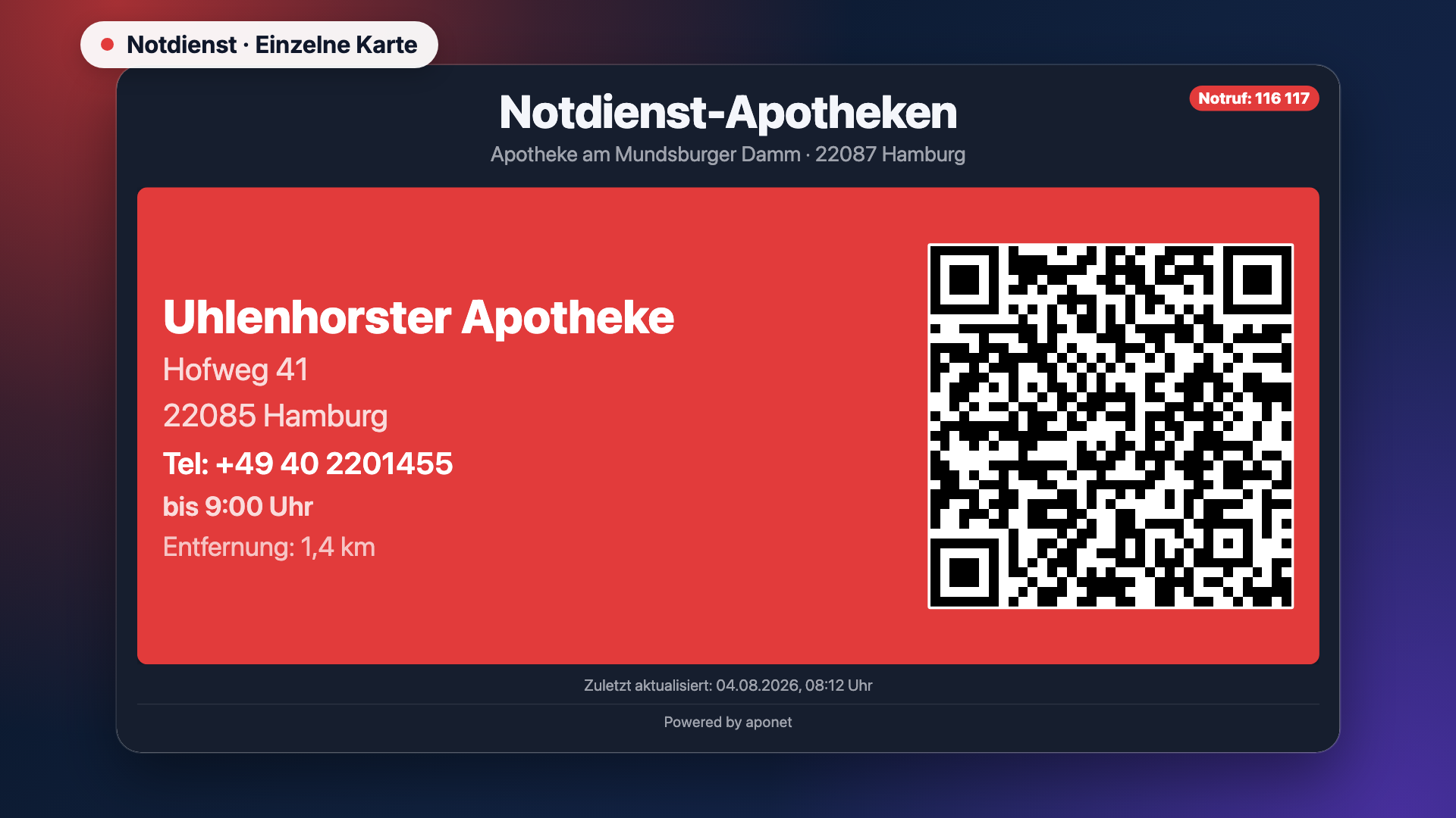 Notdienst in der Ansicht Einzelne Kachel
