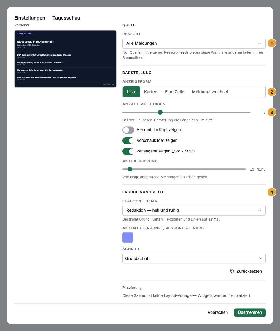 Das Einstellungs-Fenster eines Nachrichten-Widgets im Szenen-Editor: der Abschnitt Quelle mit dem Ressort (1), die Anzeigeform (2), die Anzahl Meldungen (3) und der Abschnitt Erscheinungsbild (4)