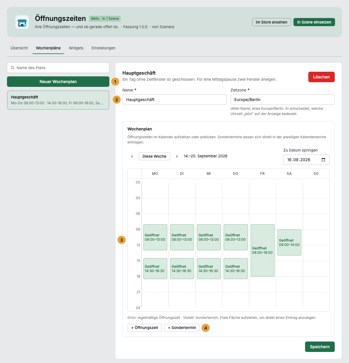 Der Bereich Wochenpläne der App Öffnungszeiten mit der Liste links und dem Plan Hauptgeschäft rechts: Neuer Wochenplan (1), Name und Zeitzone (2), der Wochenkalender mit den Zeitfenstern je Wochentag (3) und die Schaltfläche für einen Sondertermin (4)
