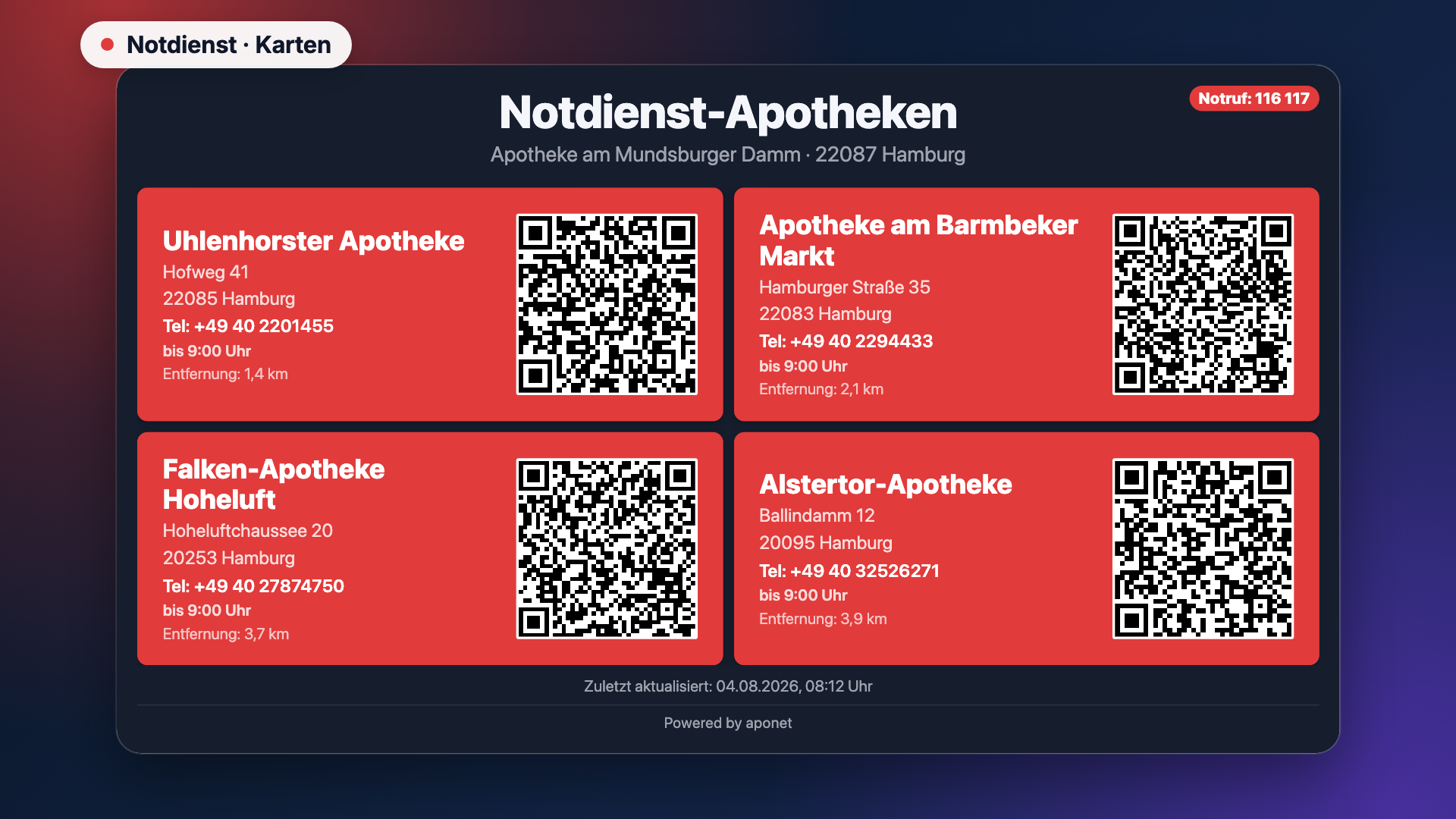 Notdienst in der Ansicht Kacheln